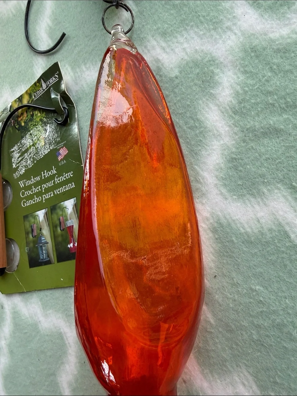 Orange Glass Decorative Window Hummingbird Feeder with Cedar Hook